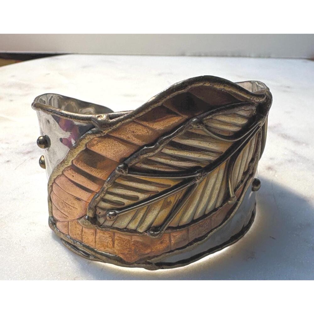 Vintage VTG cuff bracelet brass steel and copper with leaves